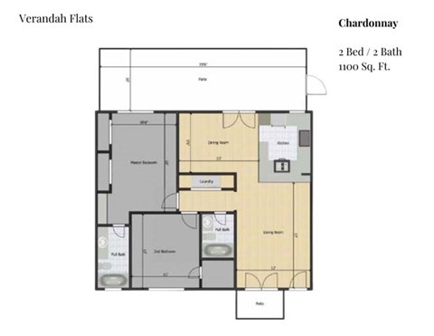 Floor plan for 2 beds, 2 baths, 1100 sqft